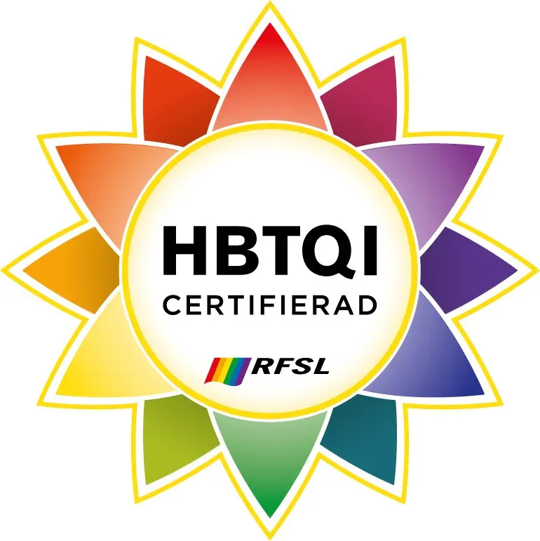 Ett emblem för HBTQI-certifierad verksamhet.